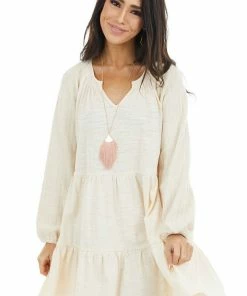 Umgee Cream Tiered Mini Dress With Crochet Sleeves And V Neckline