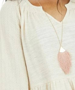 Umgee Cream Tiered Mini Dress With Crochet Sleeves And V Neckline