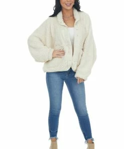Peach Love Outerwear Ivory Button Down Long Sleeve Sherpa Jacket