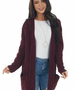 Style Melody Wine Long Sleeve Cable Knit Cardigan