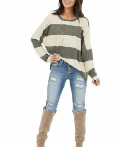 7th Ray Charcoal And Cream Striped Drop Shoulder Long Sleeve Top