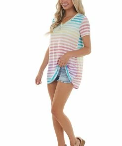 HEIMISH Rainbow Ombre Striped Short Sleeve Knit Tee Tops