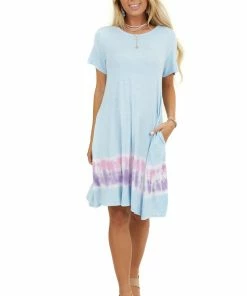 FSL APPAREL Dresses Baby Blue Tie Dye Short Sleeve Swing Knit Dress With Pockets