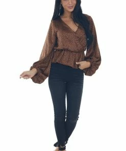 Peach Love Spice Leopard Print Surplice Peplum Blouse Tops