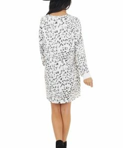 Shiying Fashion Dresses White Leopard Print Long Sleeve Mini Dress With Solid Cuff