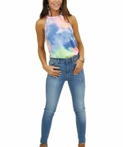 BiBi Tops Multicolor Tie Dye Sleeveless Top With Halter Neckline