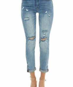 Special A Bottoms Medium Wash Relax Distressed Mid Rise Skinny Jeans