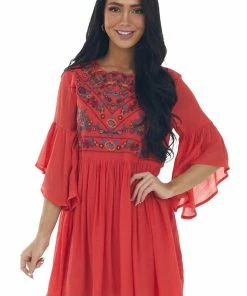 Umgee Ruby Red Floral Embroidered Flowy Short Dress