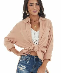 La Miel Tops Apricot Button Up Top With Frayed Edges Detail