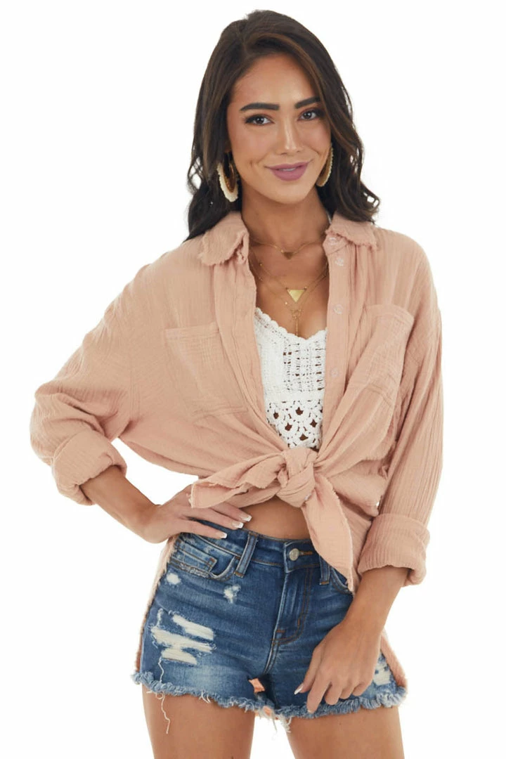La Miel Tops Apricot Button Up Top With Frayed Edges Detail 3 La Miel Tops Apricot Button Up Top With Frayed Edges Detail