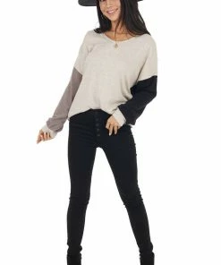 BiBi Blush Black And Taupe Colorblock Top With Back Twist Detail