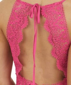 Style Melody Hot Pink Sleeveless Romper With Lace Peekaboo Waist Detail Dresses