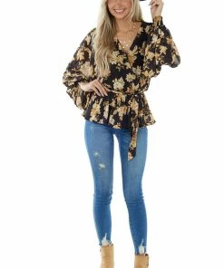 Flying Tomato Tops Black Floral Surplice Top With Bubble Sleeves 13 Flying Tomato Tops Black Floral Surplice Top With Bubble Sleeves