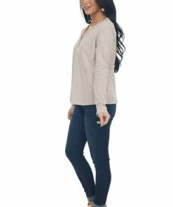 Charlotte Avery Tops Tea Rose Long Sleeve Notch Neck Henley Top
