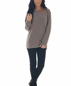 BiBi Coffee French Terry Laser Cut Out Knit Top Tops