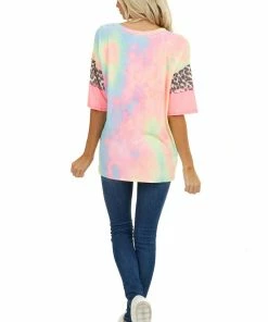Vanilla Bay Neon Tie Dye Top With Leopard Print And Colorblock Sleeves Tops