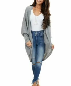 FSL APPAREL Stone Grey Waffle Knit 3-4 Sleeve Cardigan With Cocoon Hem Outerwear