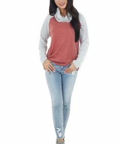 Shiying Fashion Marsala Striped Print Raglan Sleeve Knit Top With Cowl Neck
