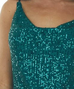 Main Strip Tops Dark Pine Sequin Sleeveless Cowl Neck Tank
