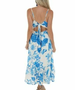 Flying Tomato Royal Blue And Ivory Floral Print Midi Dress