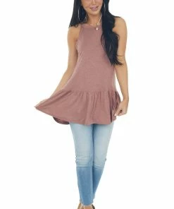 CY Fashion Tops Marsala Halter Neck Drop Waist Top With Ladder Back