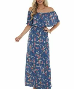 Celeste Design Navy Floral Print Ruffle Overlay Maxi Dress Dresses 13 Celeste Design Navy Floral Print Ruffle Overlay Maxi Dress Dresses