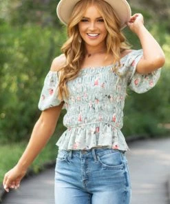 Entro Tops Sage Floral Print Short Sleeve Blouse With Smocked Details 30 Entro Tops Sage Floral Print Short Sleeve Blouse With Smocked Details