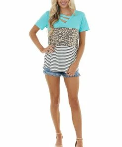 HEIMISH Turquoise Contrast Multiprint V Neck Short Sleeve Knit Top Tops