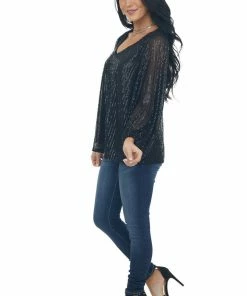 Vine & Love Black Sequin Long Bubble Sleeve Blouse