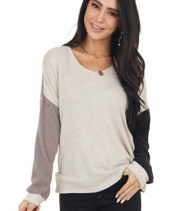 BiBi Blush Black And Taupe Colorblock Top With Back Twist Detail