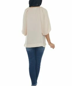 Umgee Tops Tea Rose Puff Sleeve Blouse With Side Slits