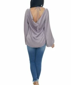 Peach Love Faded Lavender Bubble Sleeve Cowl Back Blouse
