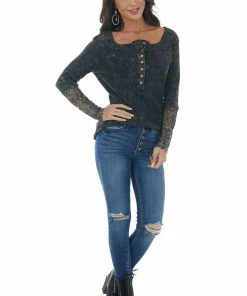 BiBi Black And Charcoal Thermal Knit Long Sleeve Top Tops 16 BiBi Black And Charcoal Thermal Knit Long Sleeve Top Tops