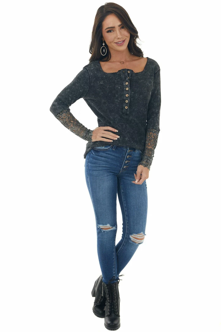 BiBi Black And Charcoal Thermal Knit Long Sleeve Top Tops 9 BiBi Black And Charcoal Thermal Knit Long Sleeve Top Tops