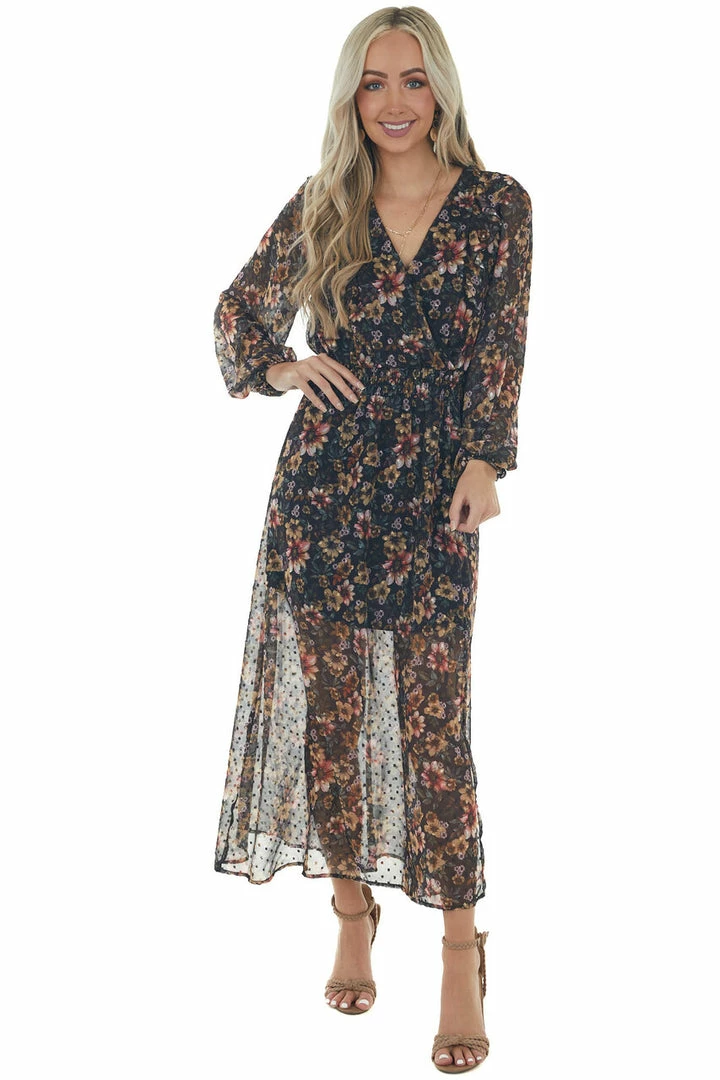 Peach Love Mustard Floral Swiss Dot V Neck Maxi Dress Dresses 11 Peach Love Mustard Floral Swiss Dot V Neck Maxi Dress Dresses