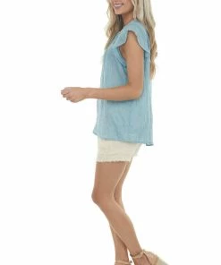 L Love Teal Short Ruffle Sleeves Woven Top With Lace Yoke 27 L Love Teal Short Ruffle Sleeves Woven Top With Lace Yoke