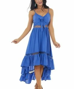 Main Strip Royal Blue High Low Midi Dress With Tie And Peekaboo Details Dresses