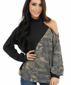 BiBi Black Cold Shoulder Long Sleeve Top With Camouflage Contrast Tops