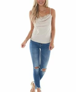 Hem & Thread Champagne Silky Camisole With Draped Neckline Tops