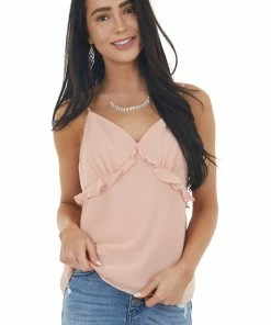 NAKED ZEBRA Peach Sleeveless Woven V Neck Camisole With Ruffle Detail