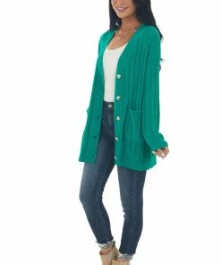 Fantastic Fawn Jade Button Down Front Loose Knit Cardigan