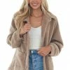 She + Sky Deep Latte Button Up Teddy Jacket With Pockets Outerwear 2 She + Sky Deep Latte Button Up Teddy Jacket With Pockets Outerwear