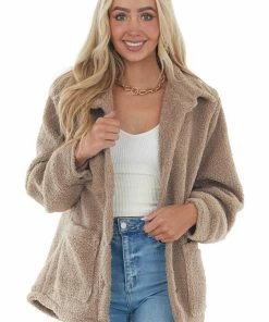 She + Sky Deep Latte Button Up Teddy Jacket With Pockets Outerwear