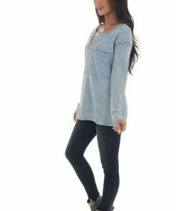 BiBi Baby Blue Washed Thermal Knit Chest Pocket Top