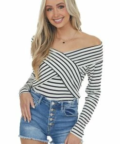 BiBi Tops Black And Ivory Striped Crossed Front Knit Top
