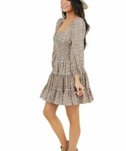 Bighit Fashion Pine Floral Print Ruffle Tiered Dress With Smocked Waist