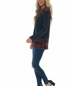 Vanilla Bay Black Raw Edge Knit Top With Plaid Contrast