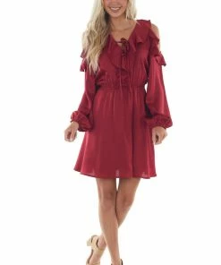 Hailey & Co Maroon Red Cold Shoulder V Neck Short Dress