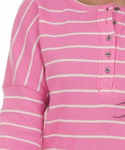 143 Story Tops Magenta And Cream Striped Thermal Henley Top