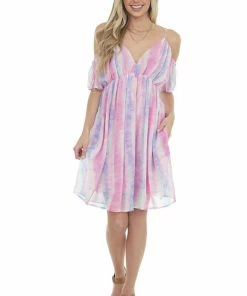 Davi & Dani Dresses Thulian Pink Tie Dye Cold Shoulder Mini Dress